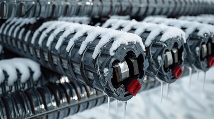 Fototapeta premium Steel bars covered in frost, highlighting texture and cold environment, steel reinforcement, seasonal industrial work