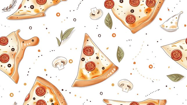 Elegant seamless pattern of hand-drawn pizzas with simple lines