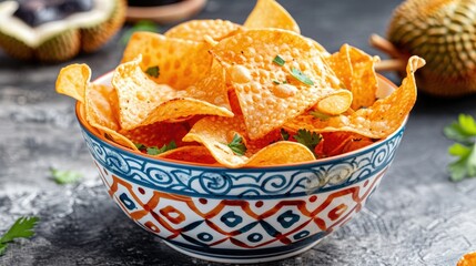 Colorful bowl of spicy tortilla chips garnished with herbs, served on a rustic table for a delicious snack or appetizer.