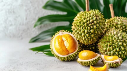 Fresh durian fruit with green leaves on white background. Exotic tropical fruit known for its strong aroma and creamy texture.