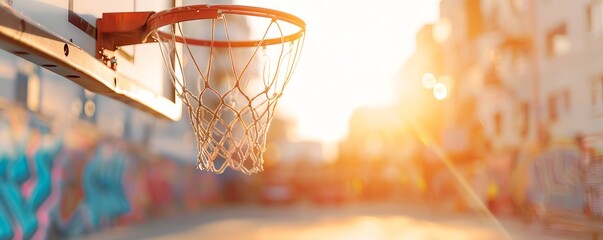 Outdoor basketball hoop with warm sunlight in urban setting, perfect for sports and recreation themes.