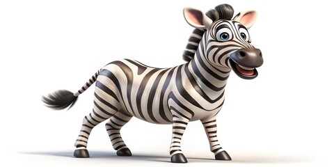 Obraz premium Adorable cheerful cartoon zebra with big smile and shiny eyes standing on its hind legs, isolated on a plain white background with slight shadows.