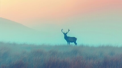 Majestic Deer in a Misty Meadow at Sunset