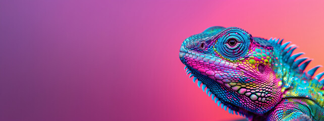Obraz premium Close-up of a Colorful Lizard Against a Pink and Purple Gradient Background with Copy Space
