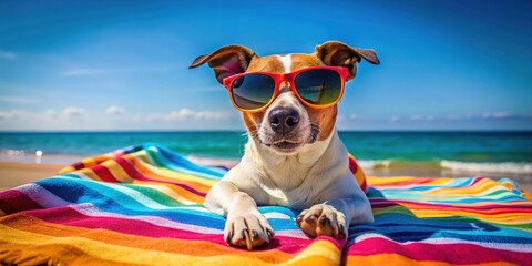 Relaxed dog wearing trendy sunglasses lounges on colorful beach towel, soaking up sun's warm rays on a lazy summer day by the ocean.