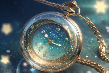 ファンタジーイラスト　時に支配される青空エフェクト風キラキラグラデーション懐中時計イメージ