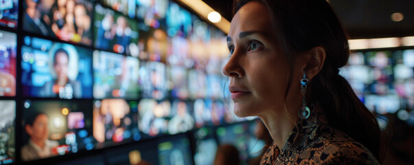 A woman is looking at a computer screen with many different pictures on it. She is wearing earrings and has a serious expression on her face