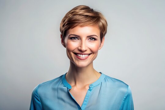 Happy female model with short haircut and blue blouse stands confidently against a transparent background, radiating warmth and friendliness with her bright smile.