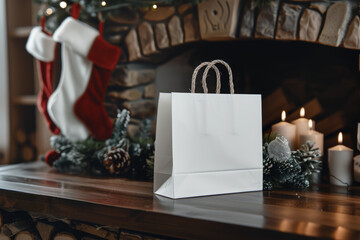 A blank white gift bag mockup, front view, placed on a fireplace mantle with stockings, garland, and holiday candles. The composition should evoke a sense of warmth and joy...