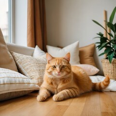 orange cat with pillow