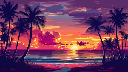 This is a beautiful landscape of a beach at sunset. The warm colors of the sky and the palm trees give it a tropical feel.