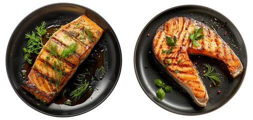 Fish steak in a black plate on transparent background