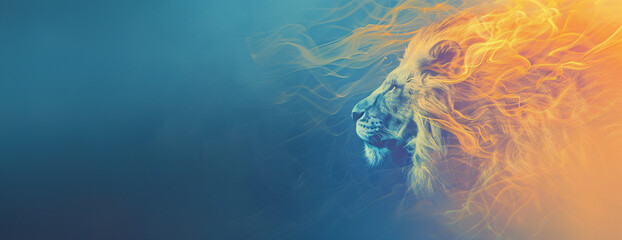 Obraz premium Fiery Lion Profile in a Blue Haze with copy space