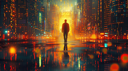 A man walks down the street, with glowing lights and digital code in the background