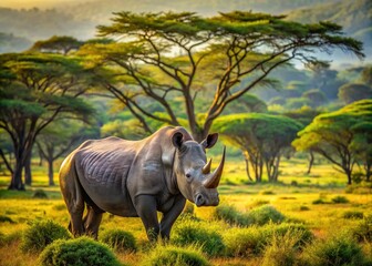Fototapeta premium Majestic rhino stands alone in lush green savannah, its gray skin glistening in warm sunlight, surrounded by tall trees and scattered acacia bushes.