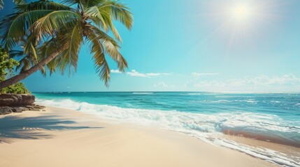 Obraz premium Picturesque beach view with turquoise waters, soft white sand, and palm trees in sunny weather