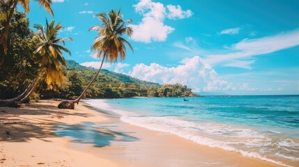 Obraz premium Serene beach view with turquoise sea, golden sand, and palm trees in bright sunlight