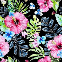 Hibiscus Flower and Foliage Watercolor Repeat Background