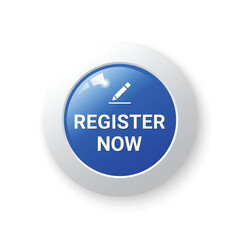 Blue Register Now circle button with icon and shadow for use to your business website, vector eps10 isolated on white background.