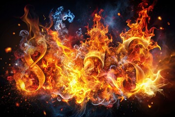 Flames engulf a mix of fonts, numbers, and symbols, ablaze in vibrant colors, with sparks flying, conveying creativity, energy, and intensity for design and digital purposes.