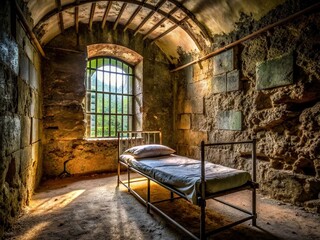 Lonely dimly lit prison cell with iron bars, vacant bed, and worn stone walls convey feelings of isolation and desperation, evoking a sense of hopelessness.