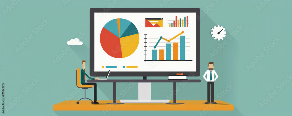 Poster a man and a woman are sitting at a table in front of a large monitor displaying graphs and charts. t