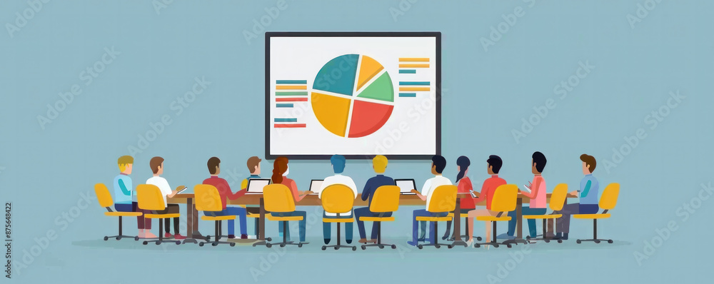 Aufkleber a group of people sitting around a table with a large pie chart on a wall behind them. the pie chart