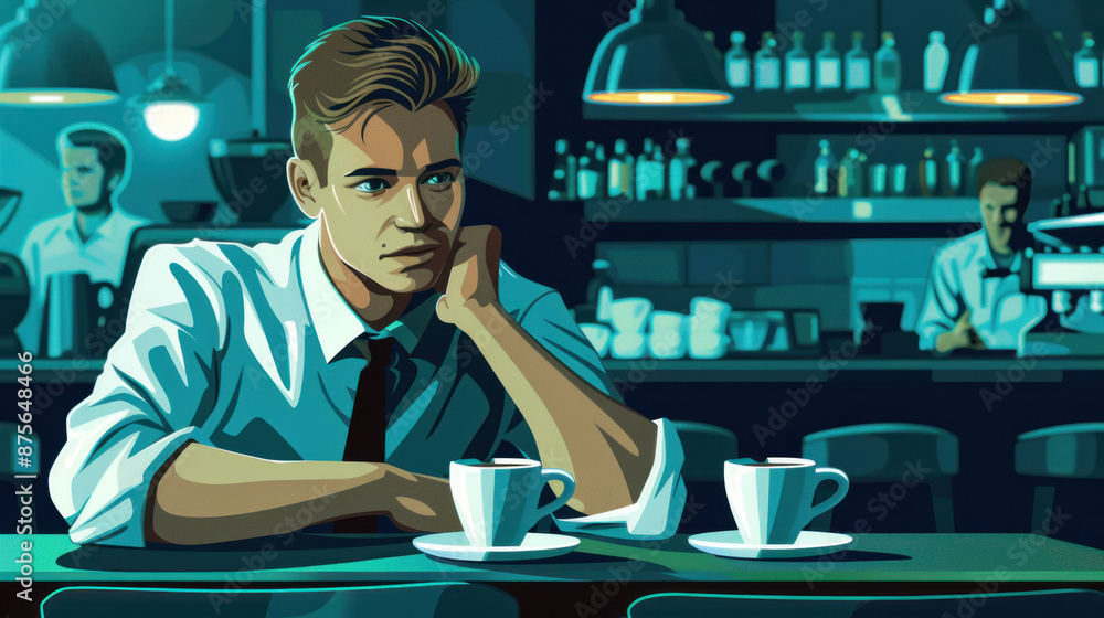 Poster a man is sitting at a bar with two cups in front of him. he is looking down and he is in a contempla
