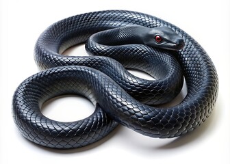 Fototapeta premium Vibrant 3D illustration of a sleek black snake coiled and curved, showcasing its scaly texture, on a clean and isolated white background with subtle shadows.