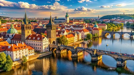 Naklejka premium Stunning aerial view of Prague's iconic Charles Bridge and Old Town, Prague, Czech Republic, cityscape