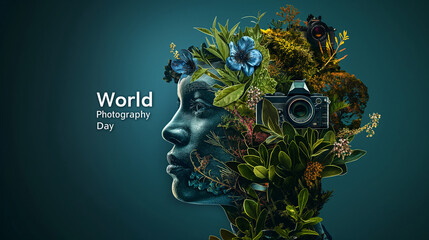 A poster showcasing the diversity in photography styles (portrait, landscape, macro, etc.) with the inscription "World Photography Day" with copy space