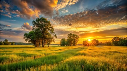 Sunset casting golden hues on tall grass and trees in a green field, sunset, golden, hues, tall grass, trees, green field