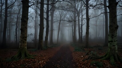 Fototapeta premium enigmatic woodland with a tinge of Halloween and a moonlit walk fog