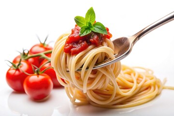 Freshly cooked spaghetti twirled around a lone fork, smothered in vibrant red tomato sauce, glistens against a clean and minimalist white background.
