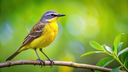 Yellow wagtail perched on a tree branch with blurred background of lush greenery , yellow wagtail, bird, wildlife, nature