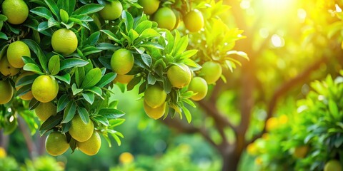 A tree with lush green leaves and ripe fruit hanging from its branches, tree, green, leaves, fruit, branches, nature, growth