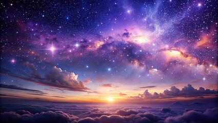 Majestic starry night sky with glowing horizon featuring sparkling stars and ethereal clouds in purple hues