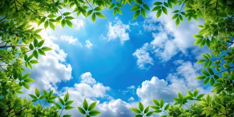 Obraz premium Silhouetted leaves frame a dreamy blue sky with wispy clouds, creating a tranquil atmosphere, Tranquil, serene, silhouette