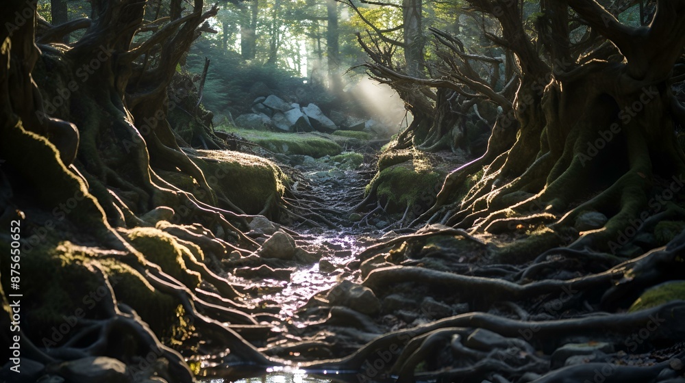 Poster lush forest with trees and roots emerging from the ground.