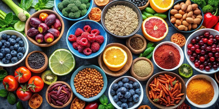 Assorted superfoods in small bowls surrounded by fresh fruits, nuts