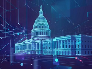 アメリカ合衆国議会議事堂のデジタル表現と未来的なネットワークとコピースペース