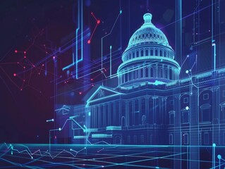 アメリカ合衆国議会議事堂のデジタル表現と未来的なネットワークとコピースペース