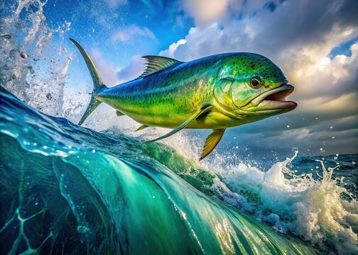 Vibrant blue-green mahi mahi swims dynamically through turbulent ocean waves, its iridescent scales catching sunlight as it navigates powerful white-capped surf.