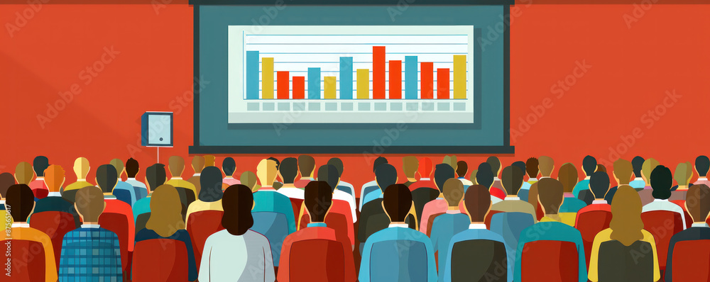 Poster a large group of people are sitting in a room with a large screen in the background. the screen disp