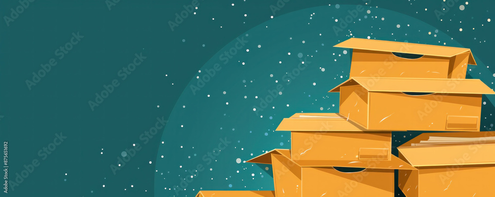 Poster a stack of cardboard boxes on a blue background. the boxes are stacked on top of each other, and the
