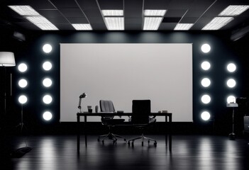 night modern workspace table space empty an mockup home black office dark three-dimensional accessory background blank bookshelf business company contemporary copy