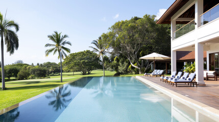 Hotel swimming pool accommodation by green grass for relax vacation