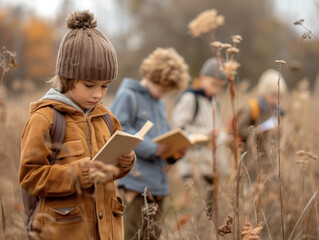 Group of school students with teacher on field trip in nature reading-studying a book. The joy of learning and the nature connection, the importance of outdoor classroom education.