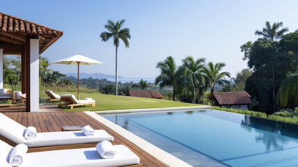 Fototapeta premium Hotel swimming pool accommodation by green grass for relax vacation