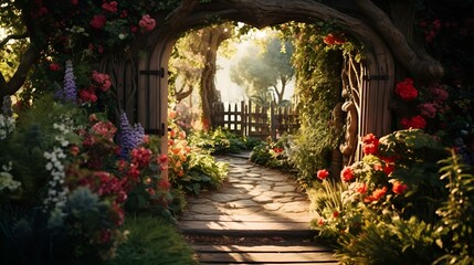 Fototapeta premium a garden with flowers and a path leading to a gate.